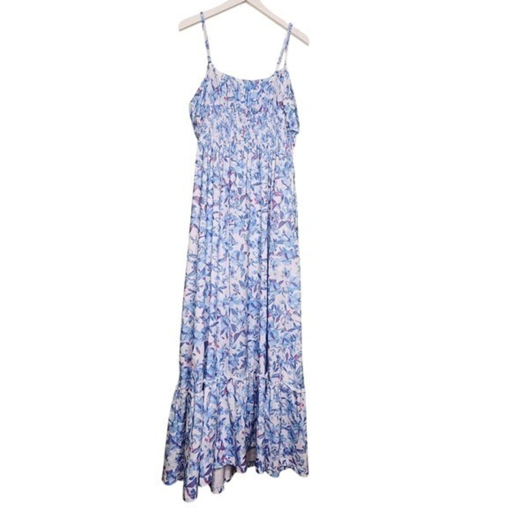 Grace Karin Blue White Floral Sundress Smocked Tiered‎ Maxi Spaghetti Strap XL